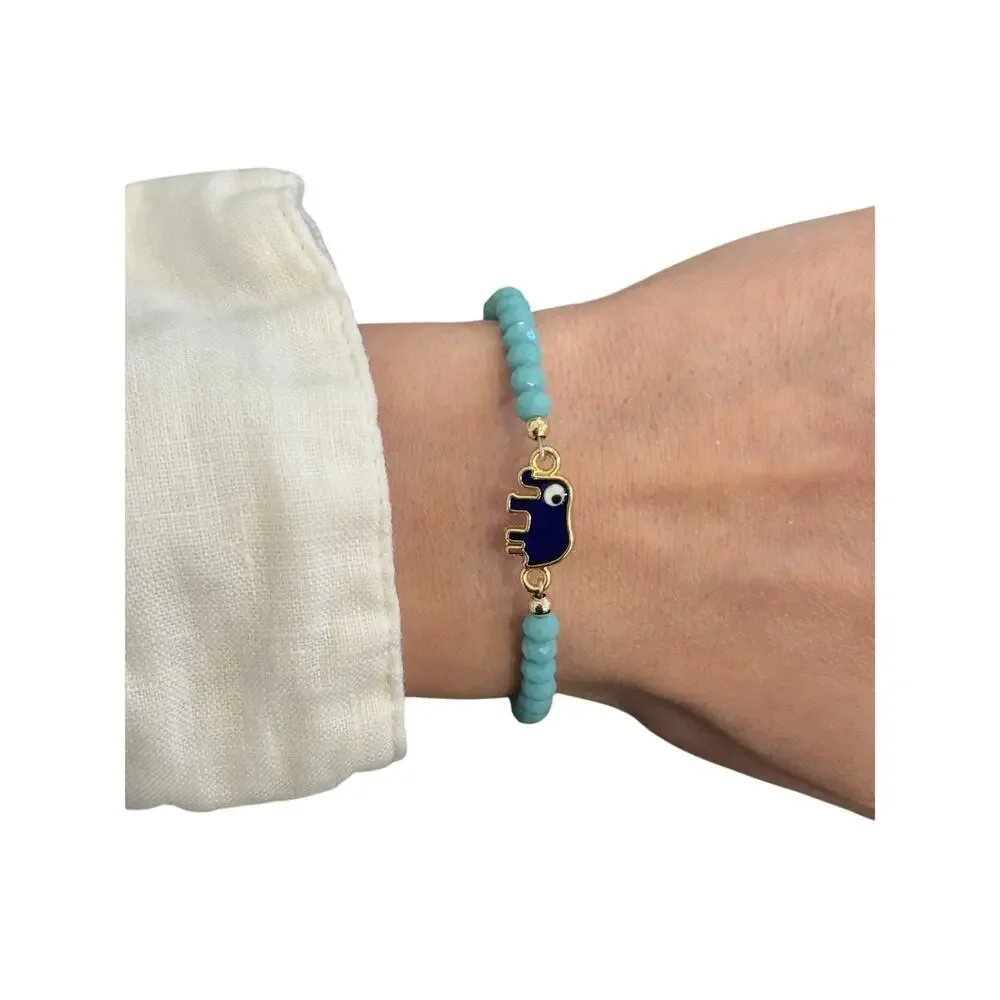 Turquoise Hamsa Hand Beaded Bracelet Gold Tone Adjustable - Picture 2 of 5